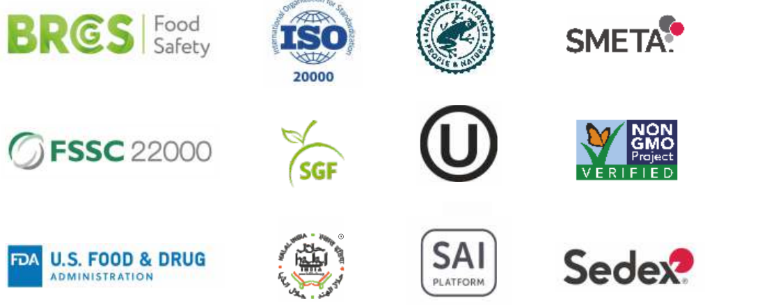Manufacturing facility certifications: BRCGS Food Safety, ISO 22000, Rainforest Alliance, SMETA, FSSC 22000, SGF, Kosher, Non-GMO Project Verified, FDA, Halal India, SAI Platform, Sedex